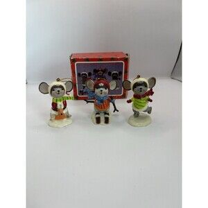 VTG Christmas Around The World 3 Outdoor Mice Ornaments Set Ski Sled Ice Skating